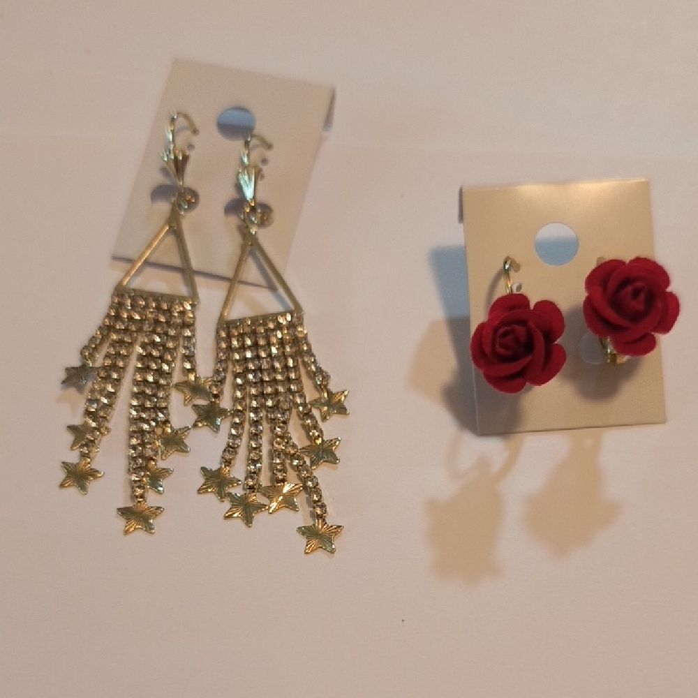 Gold Star Dangle Earrings and Red Rose Studs / Gold Plated